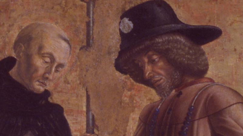 I santi Vincenzo Ferrer e Rocco tra i santi Sebastiano e Pietro Martire. Nella lunetta Madonna della Misericordia e santi