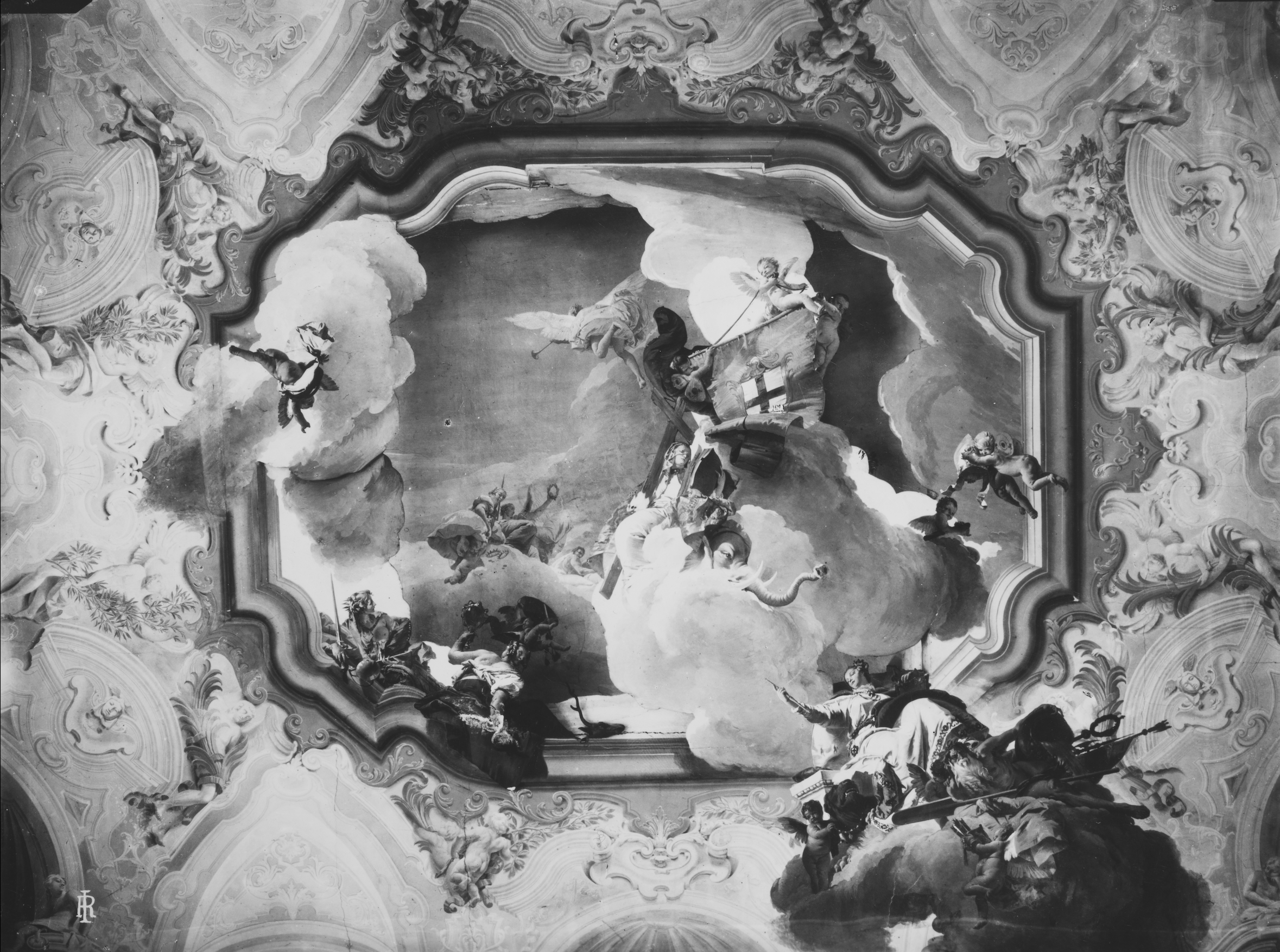 Foto in bianco e nero di affresco di Tiepolo